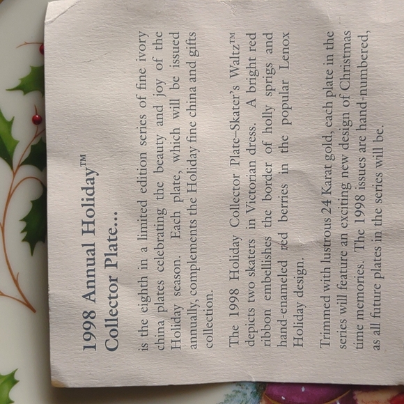 LENOX PLATE 1998  HOLIDAY COLLECTOR  VINTAGE Original Box - Picture 5 of 6